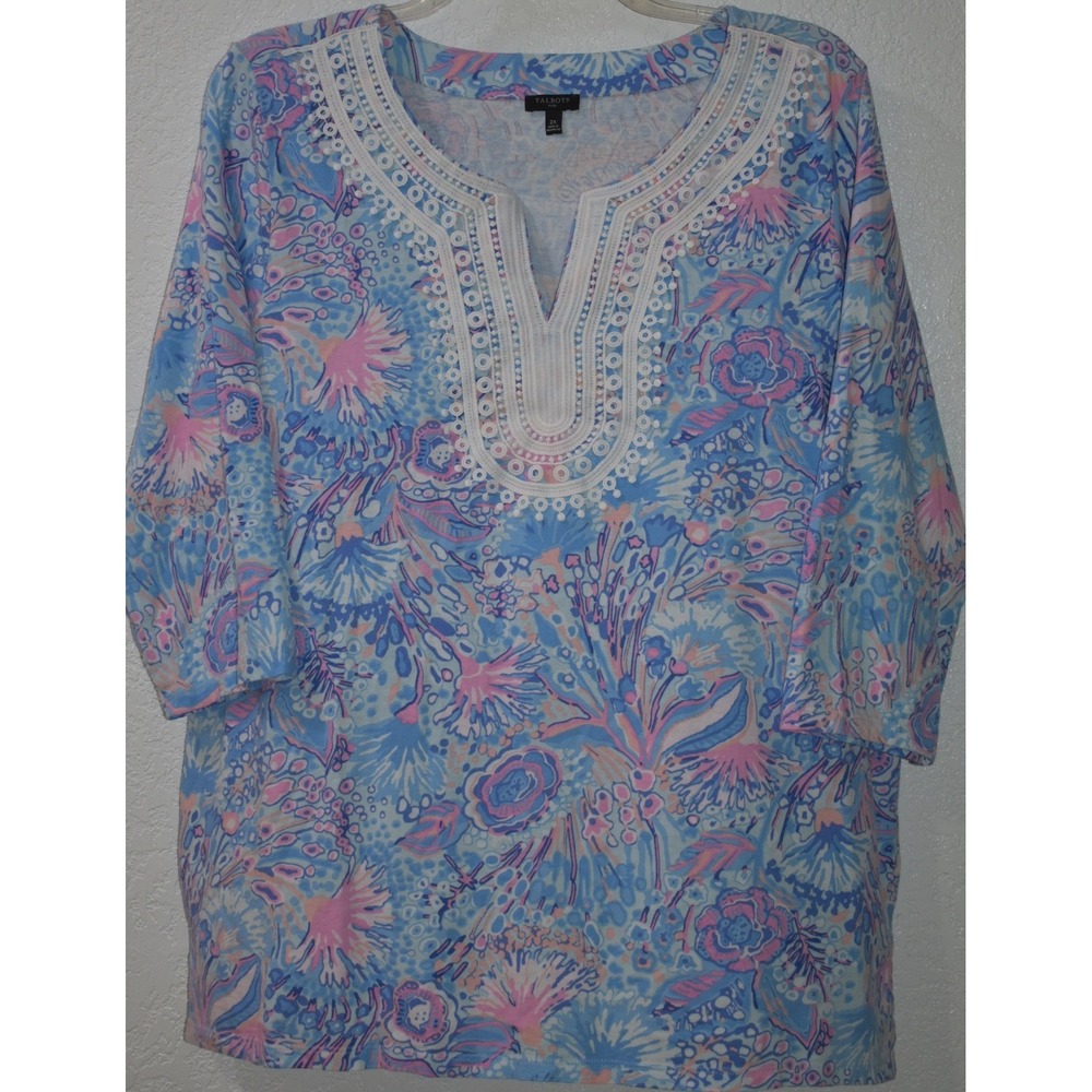 Talbots Plus Womens 2X Floral Tunic Top Blue Pink Eyelet Split Neck 3/4 Sleeve